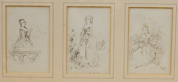 J. Bouvier, Studies of fashionable ladies, to include one titled 'The bracelet', one signed and dated 1859, set of three pen and ink sketches, each mounted and framed as one, each 14 x 9cm